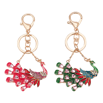 2Pcs 2 Colors Peacock Enamel Style Alloy Rhinestone Keychains, for Car Bag Accessories, Mixed Color, 12.6cm, 1pc/color