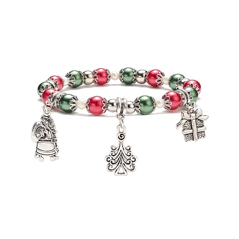 Glass Pearl Beaded Stretch Bracelet, Christmas Tree & Santa Claus & Gift Box Alloy Charm Bracelet for Women, Colorful, Inner Diameter: 2-1/4 inch(5.7cm)