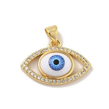 Brass Micro Pave Cubic Zirconia Pendants, with Acrylic, Cadmium Free & Lead Free, Long-Lasting Plated, Evil Eye, Real 18K Gold Plated, Royal Blue, 15x22.5x6mm, Hole: 4x3.5mm