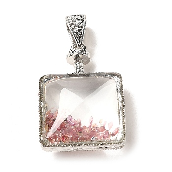 Glass Locket Pendants, with Natural Shell Chips Inside and Alloy Findings, Square Charm, Clear, 39.5x27.5x14.5mm, Hole: 9x6mm