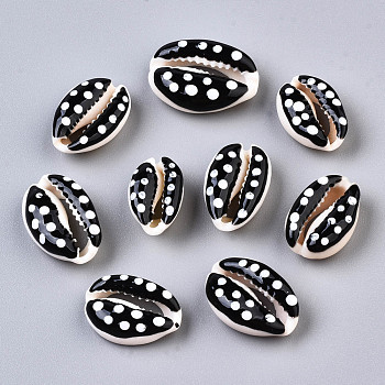 Natural Cowrie Shell Beads, with Enamel Polka Dot Pattern, No Hole/Undrilled, Black, 16~19x10~12.5x7mm