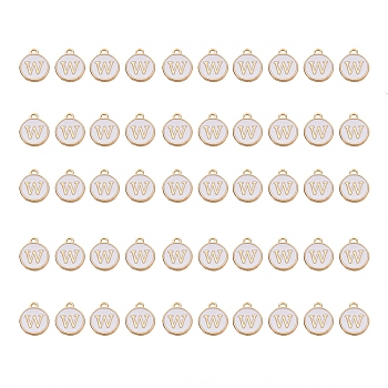 Golden Plated Alloy Charms, with Enamel, Enamelled Sequins, Flat Round, White, Letter.W, 14x12x2mm, Hole: 1.5mm, 50pcs/Box
