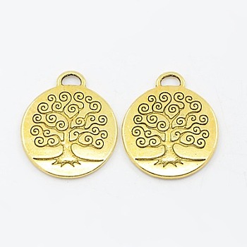 Tibetan Style Alloy Tree of Life Pendants, Lead Free & Cadmium Free, Flat Round, Antique Golden, 28x24x2mm, Hole: 4.5x2mm