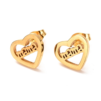 Ion Plating(IP) 304 Stainless Steel Stud Earrings, Heart with Word Mama, Golden, 12x10.5mm, Pin: 0.8mm