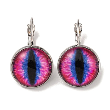 Dragon Eye Glass Leverback Earrings with Brass Earring Pins, Deep Pink, 29mm