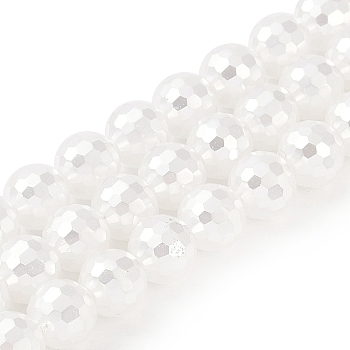 Electroplated Shell Pearl Beads Strands, Round, Faceted, White, 9~9.5mm, Hole: 1.5mm, about 44pcs/strand, 15.91 inch(40.4cm)