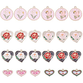 24Pcs Alloy Enamel Pendants, Light Gold, Heart with Rose & Heart & Flat Round with Flower, Mixed Color, 13x19mm