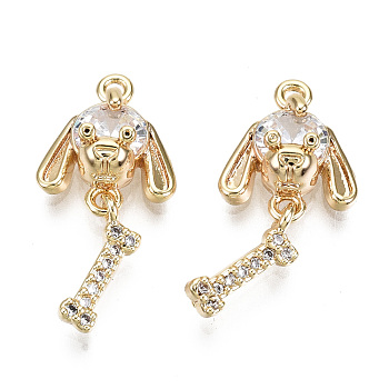Brass Micro Pave Clear Cubic Zirconia Pendants, Nickel Free, Dog & Bone, Real 18K Gold Plated, 19x9.5x5mm, Hole: 1mm, Body: 11x9.5x5mm, I: 9.5x3.5x1.5mm