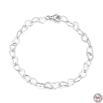 Rhodium Plated 925 Sterling Silver Heart Link Chain Bracelets, with S925 Stamp, Real Platinum Plated, 6-1/2 inch(16.5cm)