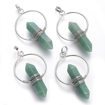 Natural Green Aventurine Big Double Terminated Pointed Pendants, with Brass Findings, Bullet, Platinum, 57.5~59x33.2~34x12~12.5mm, Hole: 7.5~8x5mm