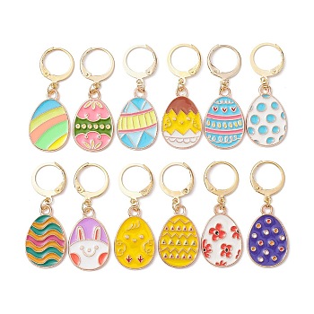 Easter Egg Alloy Enamel Pendant Decoration, with 304 Stainless Steel Leverback Findings, Mixed Color, 35mm, 12pcs/set