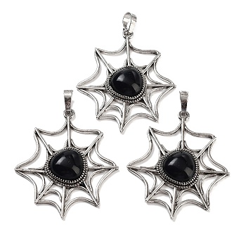 Natural Obsidian Spider Web Pendants, Rack Plating Antique Silver Plated Brass Halloween Net Charms, Cadmium Free & Lead Free, 44.5x37.5x7mm, Hole: 7.5x5mm