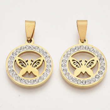 201 Stainless Steel Pendants, with Random Size Snap On Bails and Polymer Clay Crystal Rhinestones, Flat Round with Butterfly, Golden, 23x20x2~3mm, Hole: 7~10x3~5mm