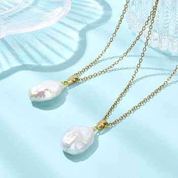 Natural Baroque Keshi Pearl Oval Pendant 304 Stainless Steel Cable Chain Necklaces, White, Golden, 16.54 inch(42cm)