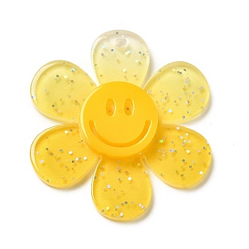 Gradient Color Transparent Acrylic Pendants, with Sequins, Sunflower with Smiling Face Charm, Gold, 30x27x4mm, Hole: 1.6mm