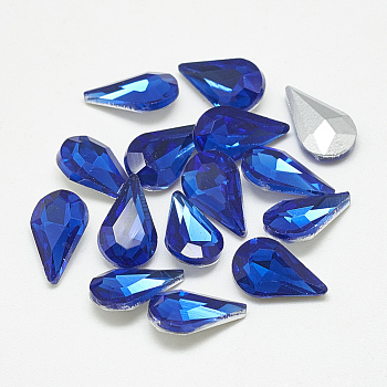 Pointed Back Glass Rhinestone Cabochons, Back Plated, Faceted, teardrop, Sapphire, 8x5x3mm