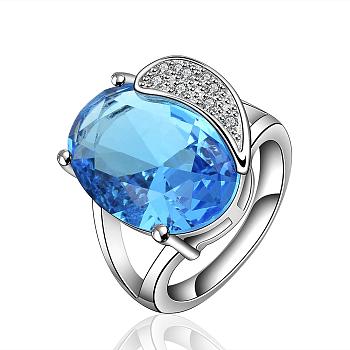 Classic Oval Brass Cubic Zirconia Crystal Finger Rings, Royal Blue, Platinum, US Size 8(18.1mm)