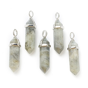 Natural Labradorite Pendants, with Platinum Tone Brass Findings, Bullet, 39.5x12x11.5mm, Hole: 4.5x2.8mm