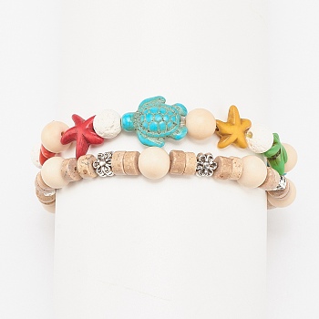 2Pcs 2 Style Starfish & Tortoise & Flower Beaded Stretch Bracelets Set, Natural Fossil & Lava Rock & Synthetic Turquoise Bracelets for Women, Mixed Color, Inner Diameter: 2-1/4 inch(5.8cm), 1Pc/style