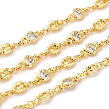 Rack Plating Brass Coffee Bean & Flat Round Link Chain, with Cubic Zirconia, Unwelded, Long-Lasting Plated, Lead Free & Cadmium Free, Real 18K Gold Plated, 8x4x1.5mm, 8x3.5x1mm