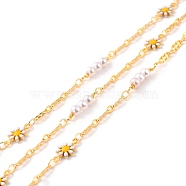 Handmade Brass Oval & Enamel Flower Link Chain, with Glass Pearl Beads, Long-Lasting Plated, Soldered, with Spool, Golden, White, Link: 13x7.5x2mm, 10.5x4mm(CHC-C019-03)
