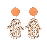 Wooden Dangle Earrings, with Pear Wood Beads, 304 Stainless Steel Stud Earring Findings and Plastic Ear Nuts, Hamsa Hand/Hand of Fatima/Hand of Miriam, Camel, Stainless Steel Color, 74mm, Pin: 0.6mm(X-EJEW-JE03597-02)
