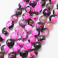 Natural Fire Crackle Agate Bead Strands, Round, Grade A, Faceted, Dyed & Heated, Deep Pink, 10mm, Hole: 1mm, about 37pcs/strand, 15 inch(G-K166-06F-10mm-01)