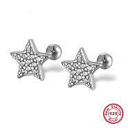 Star Rhodium Plated 925 Sterling Silver Stud Earrings, with Cubic Zirconia, Platinum, 12mm(MB4545-2)