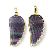 Natural Fluorite Pendants, Wing Charms, with Rack Plating Golden Plated Brass Edge, 39x18x7mm, Hole: 6x4mm(G-O204-03A)