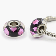 Grade A Polymer Clay Enamel European Beads, Large Hole Rondelle with Heart Beads, with Platinum Plated Brass Double Cores, Pink, 16x9mm, Hole: 5mm(FPDL-A001-E02)