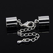 Brass Chain Extender, with Cord Ends, Curb Chains and Lobster Claw Clasps, Silver Color Plated, 42x10mm, Cord End: 10mm wide, 14mm long, Hole: 9.5mm(X-KK-K002-9.5mm-S)