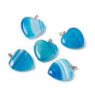 Natural Agate Pendants, with Platinum Tone Brass Findings, Heart Charm, Dyed & Heated, Deep Sky Blue, 27~28x25x7mm, Hole: 7x4mm(G-G956-B63-FF)