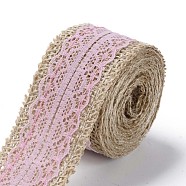 Burlap Ribbon, Hessian Ribbon, Jute Ribbon, with Lace, for Jewelry Making, Pink, 1-1/2 inch(38mm), about 2m/roll(X-OCOR-S126-02)