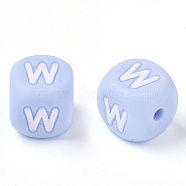 Food Grade Eco-Friendly Silicone Beads, Horizontal Hole, Chewing Beads For Teethers, DIY Nursing Necklaces Making, Letter Style, Cube, Light Sky Blue, Letter.W, 10x10x10mm, Hole: 2mm(SIL-R011-10mm-02W)