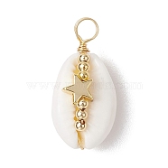 Natural Cowrie Shell Copper Wire Wrapped Pendants, Brass Charms, Golden, Star, 25.5~28.5x12.5~15.5x9~11.5mm, Hole: 3.5~4.5mm(PALLOY-JF02932-03)