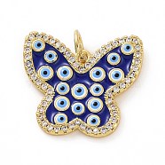 Brass Micro Pave Clear Cubic Zirconia Pendants, Real 18K Gold Plated, with Enamel and Jump Ring, Butterfly with Evil Eye Charms, Blue, 17x19x2mm, Jump Ring: 5x0.8mm, Inner Diameter: 3.2mm(KK-E068-VF016)