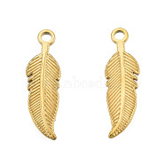 Ion Plating(IP) 201 Stainless Steel Pendants, Feather, Real 18K Gold Plated, 27x8x1.5mm, Hole: 2mm(STAS-N098-215LG)