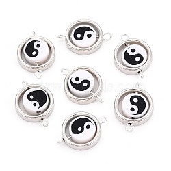Polymer Clay Beads with CCB Plastic Frame Connector Charms, with Brass Double Loops, Platinum, Black and White, Yin-yang, 21~22x15x4~5mm, Hole: 1.5~2mm(CLAY-T022-35M-01A)