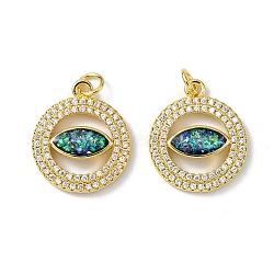 Brass Micro Pave Cubic Zirconia Pendants, with Synthetic Opal and Jump Ring, Flat Round, Real 18K Gold Plated, 20x17x2mm, Hole: 3.5mm(X-KK-A197-10G)