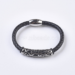 Men's Braided Leather Cord Bracelets, with 304 Stainless Steel Findings and Magnetic Clasps, Tube, Black, 7-5/8 inch(195mm)(BJEW-P194-02)