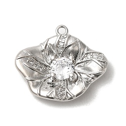 Rack Plating Brass Cubic Zirconia Pendants, Cadmium Free & Lead Free, Lotus leaf, Platinum, 17x19.5x3.5mm, Hole: 1.4mm(KK-M267-12P)