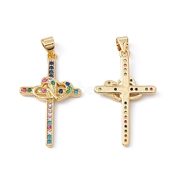 Rack Plating Brass Micro Pave Cubic Zirconia Pendants,  Cadmium Free & Nickel Free & Lead Free, Real 18K Gold Plated, Cross with Heart, Colorful, 28.5x17x2mm, Hole: 5x3.5mm(ZIRC-C040-45G-01)