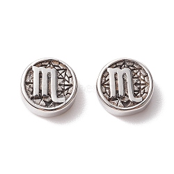 304 Stainless Steel Beads, Flat Round with Twelve Constellations, Antique Silver, Scorpio, 10x4mm, Hole: 1.8mm(STAS-J033-01C)