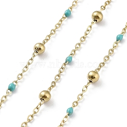 Ion Plating(IP) 304 Stainless Steel Cable Chain, with Enamel, Soldered, Turquoise, Beads: 3.5~3.6x3.5mm, Link: 5x2x2mm and 2x1.5x0.3mm(CHS-F019-01G-09)