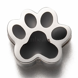 304 Stainless Steel Slide Charms, Enamel Style, Paw Print, Black, Stainless Steel Color, 13x12x3.5mm, Hole: 8x1.5mm(STAS-P270-12P)