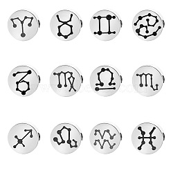 Tarnish Resistant 201 Stainless Steel Beads, Laser Cut, Flat Round with 12 Constellations, Stainless Steel Color, 8x3mm, Hole: 2mm, 12pcs/set(STAS-T036-LA816X12)