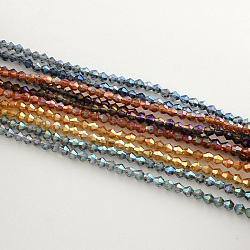 Electroplate Glass Bead Strands, Rainbow Plated, Faceted Bicone, Mixed Color, 3x3.5mm, Hole: 1mm, about 113~115pcs/strand, 36~36.5cm(EGLA-R094-3mm-M2)