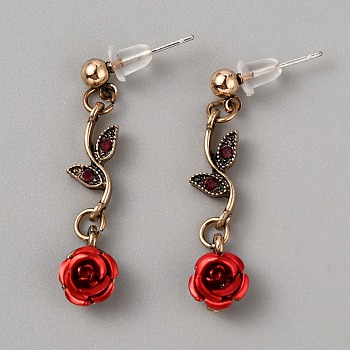Aluminum Rose Flower Dangle Stud Earrings, Antique Bronze Alloy Jewelry for Women, Red, 36mm, Pin: 0.8mm