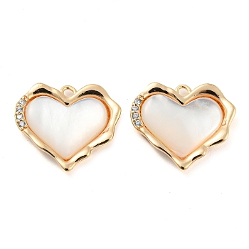 Natural Freshwater Shell Pendants, Brass Micro Pave Clear Cubic Zirconia Heart Charms, Real 18K Gold Plated, 15x17x2.5mm, Hole: 1.2mm
