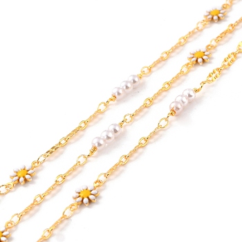 Handmade Brass Oval & Enamel Flower Link Chain, with Glass Pearl Beads, Long-Lasting Plated, Soldered, with Spool, Golden, White, Link: 13x7.5x2mm, 10.5x4mm